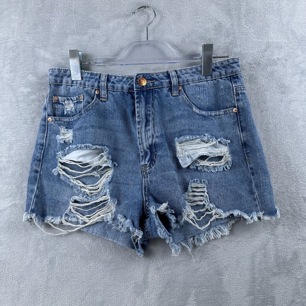 Almost Famous Denim Jean Shorts Womens Size 7 Distressed High Rise Blue
